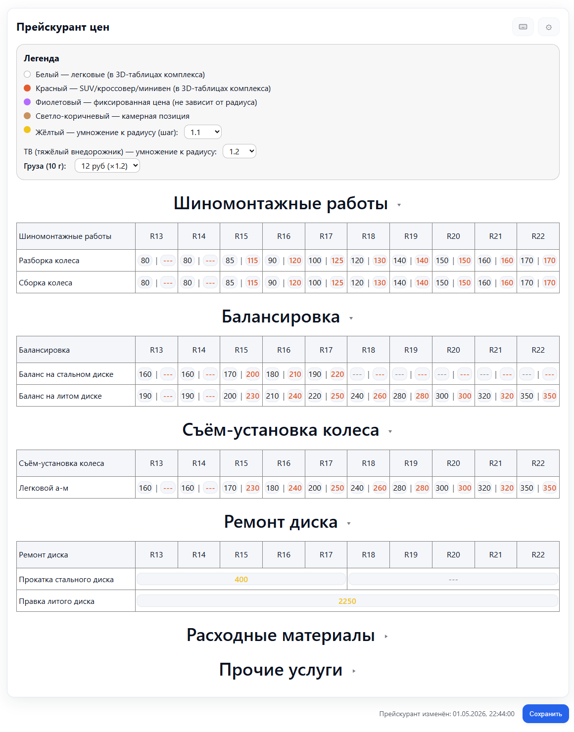 Прейскурант цен